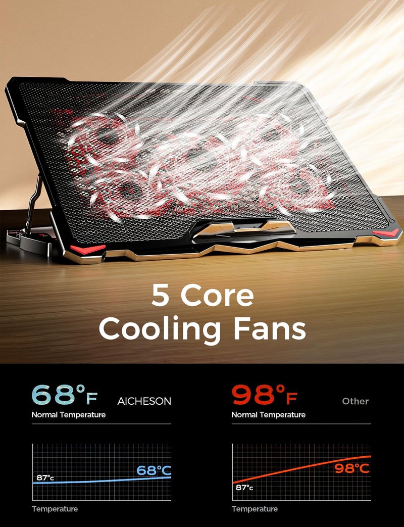 AICHESON Laptop Cooling Pad for 17.3" Notebook, Red 5 Fans - Image 2